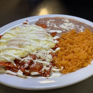 Red Chilaquiles & Eggs, Beans and Rice