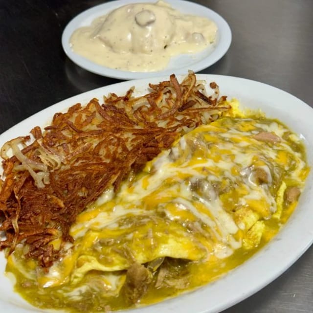 Homemade Pork Chile Verde Omelette.