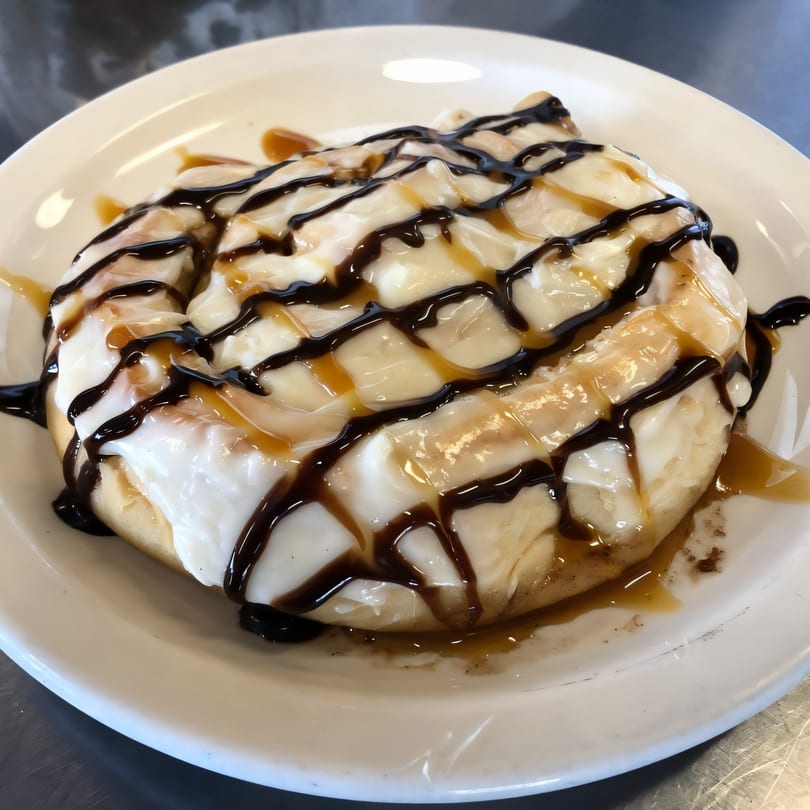 A large cinnamon roll from Jerry's Cafe, topped with white icing, chocolate, and caramel drizzle.